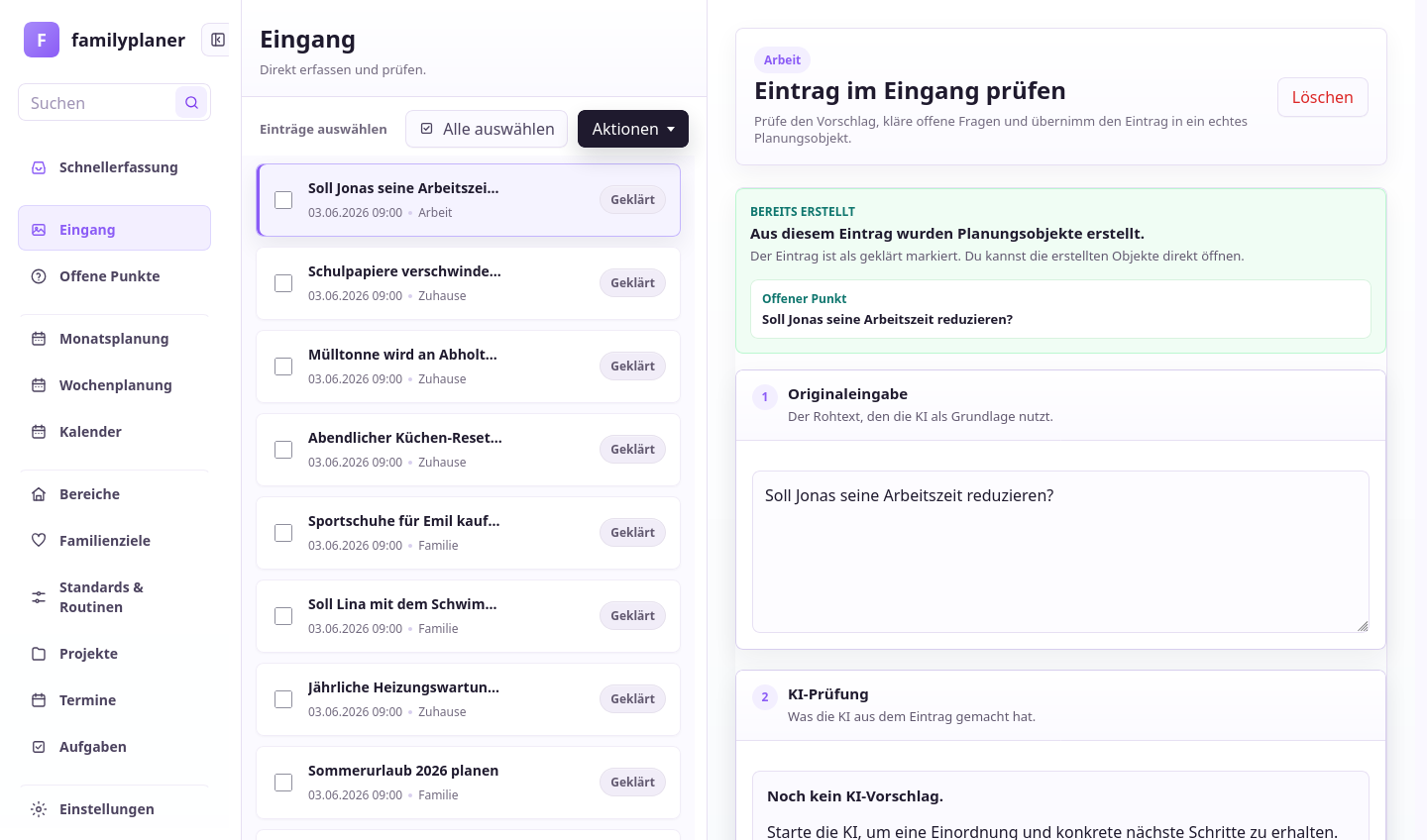 Eingang-Screenshot mit sortierten Einträgen