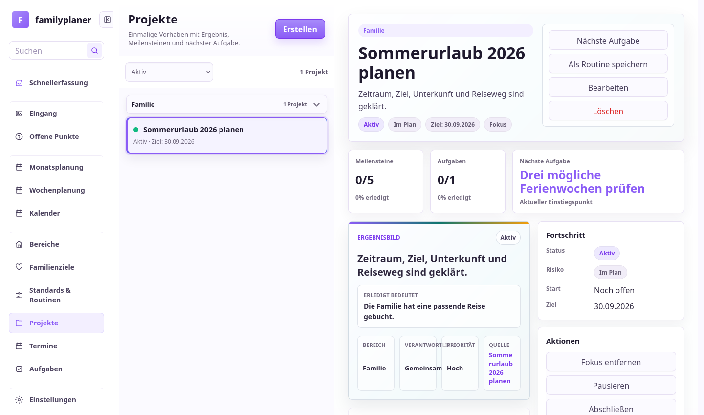 Projekt-Screenshot mit Urlaubsplan und nächster Handlung