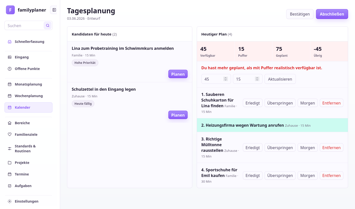 Tagesplanungs-Screenshot mit Überlastung