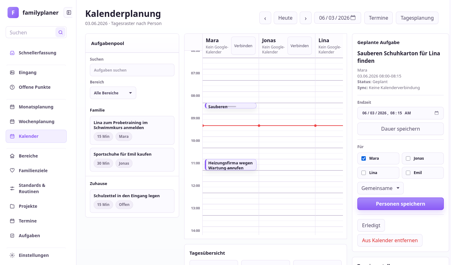 Kalender-Screenshot mit Tageskapazität