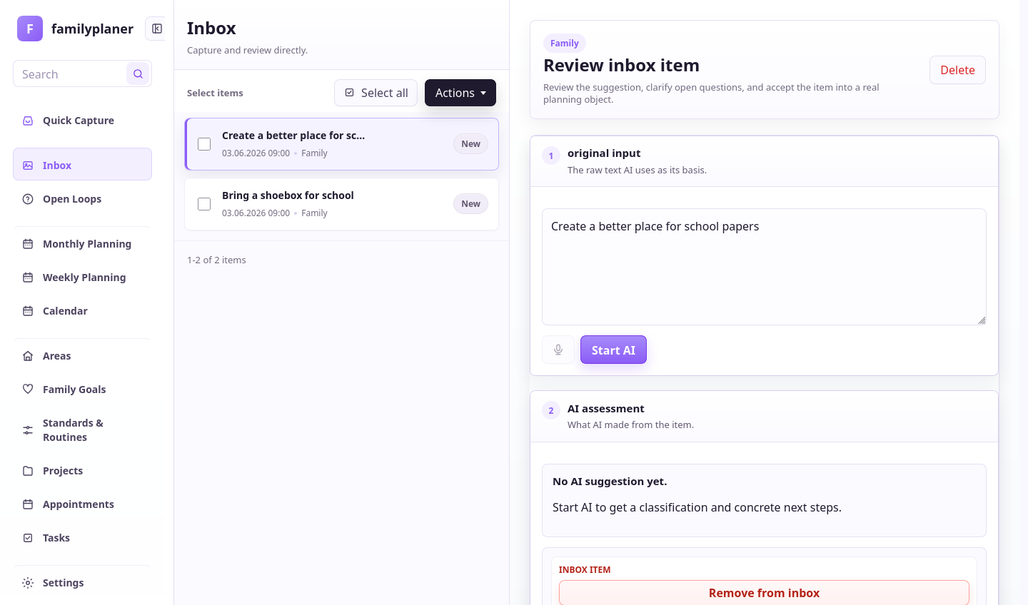 Familienplaner agent with visible work steps