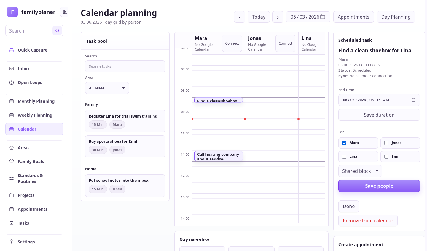Calendar screenshot with a planned block