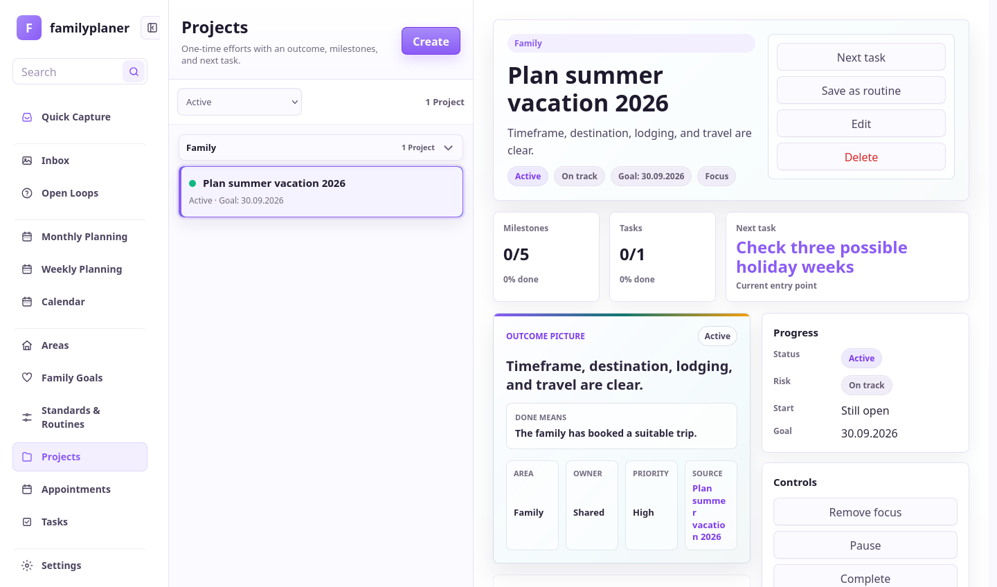 Project screenshot with vacation planning