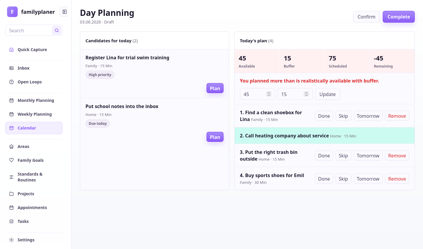 Weekly check screenshot in Familienplaner