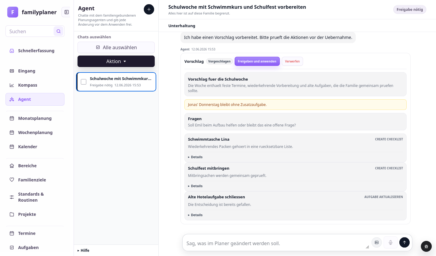 Agent-Screenshot mit strukturierten Schritten für die Schulwoche