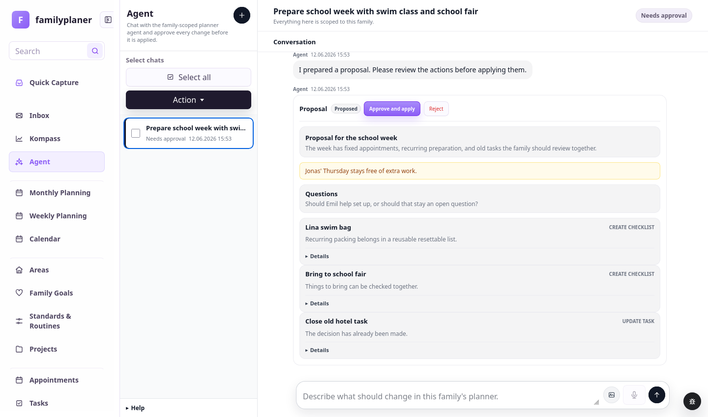 Agent screenshot with structured steps for the school week