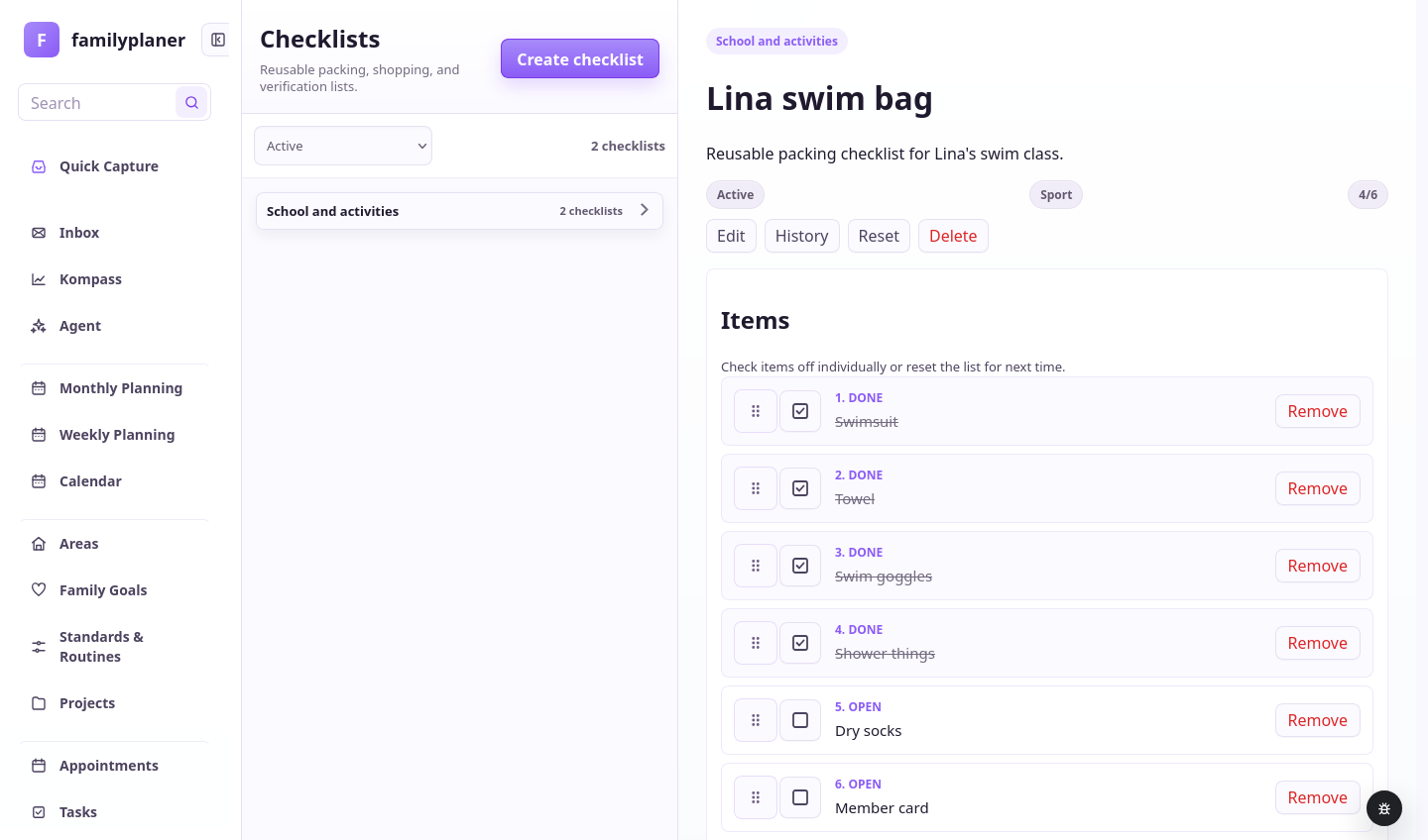 Checklist screenshot with swim bag