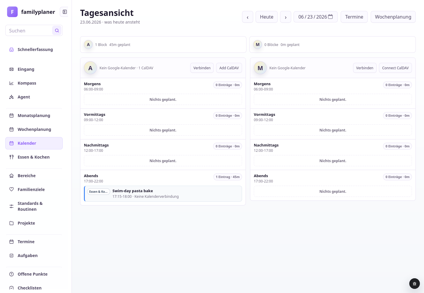 Kalendertag-Screenshot mit Essensblock