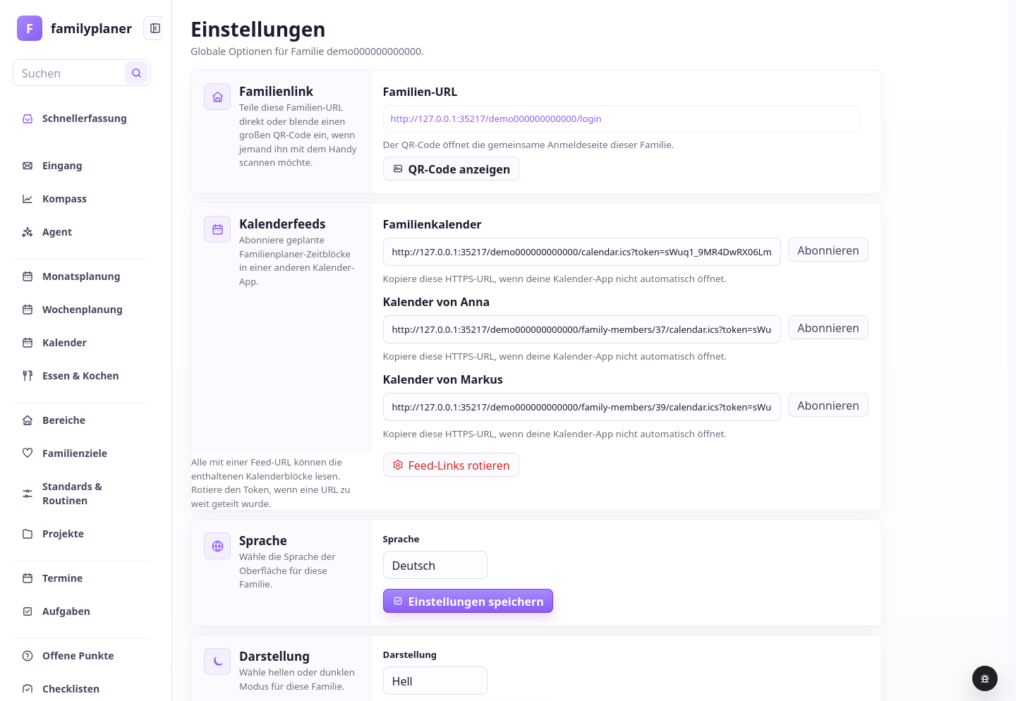 Einstellungen-Screenshot mit Kalenderfeeds