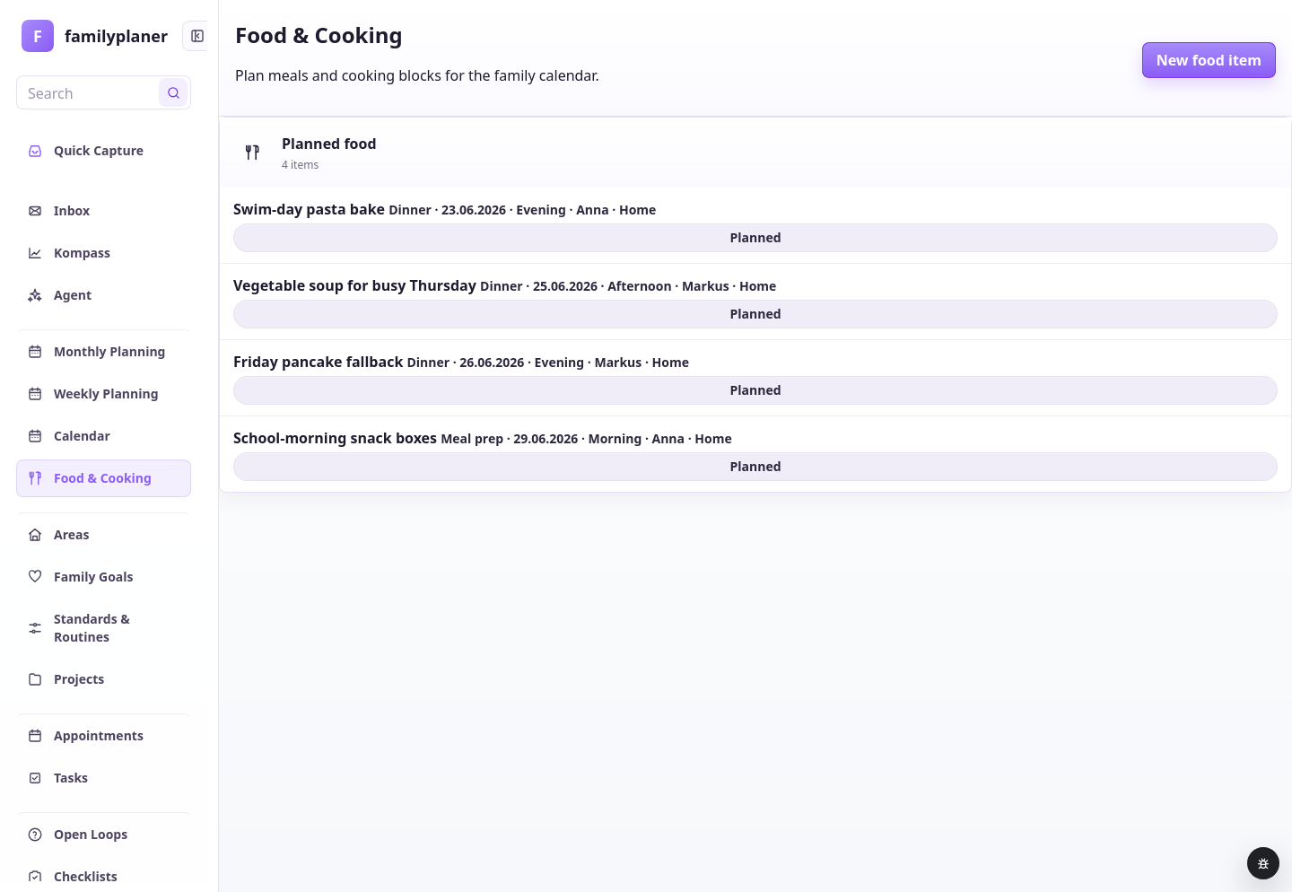 Food and Cooking screenshot with planned meals