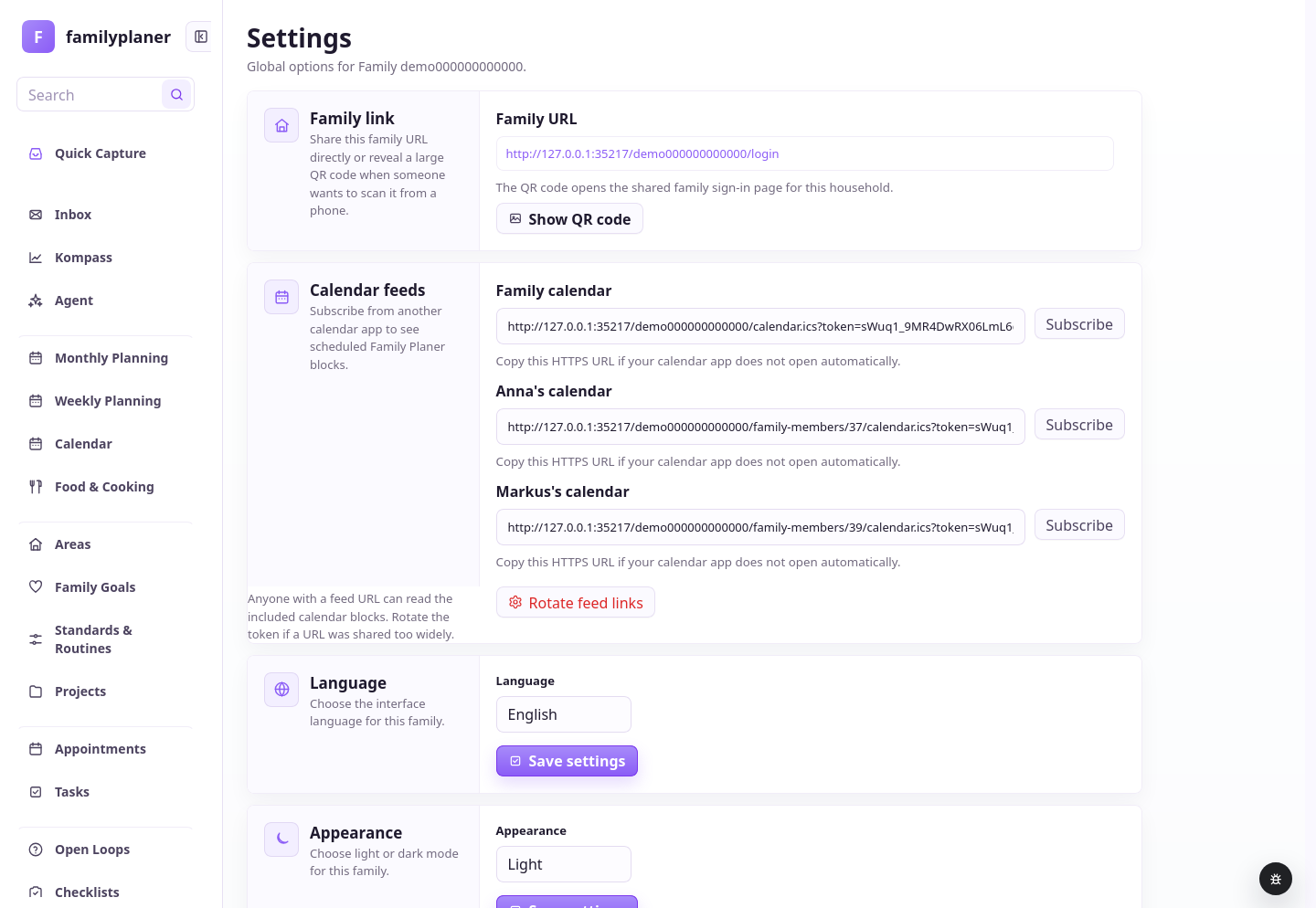 Settings screenshot with calendar feeds