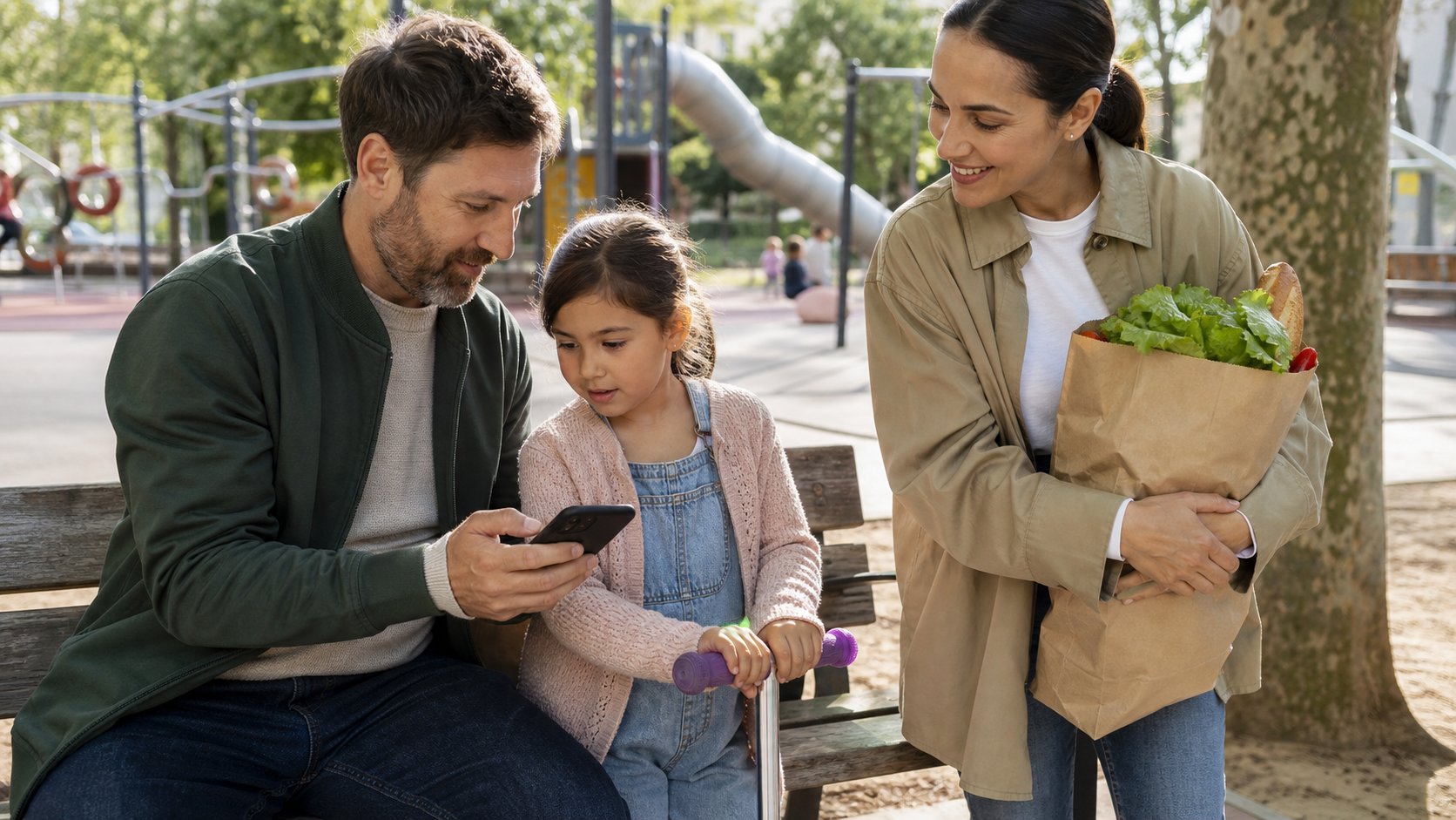 Familie prüft auf einer Spielplatzbank den gemeinsamen Eingang im Familienplaner