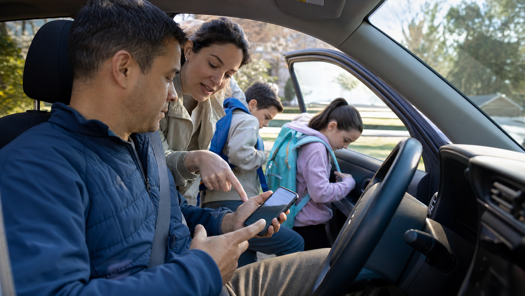 Familie passt im Auto den Tagesplan im Familienplaner an