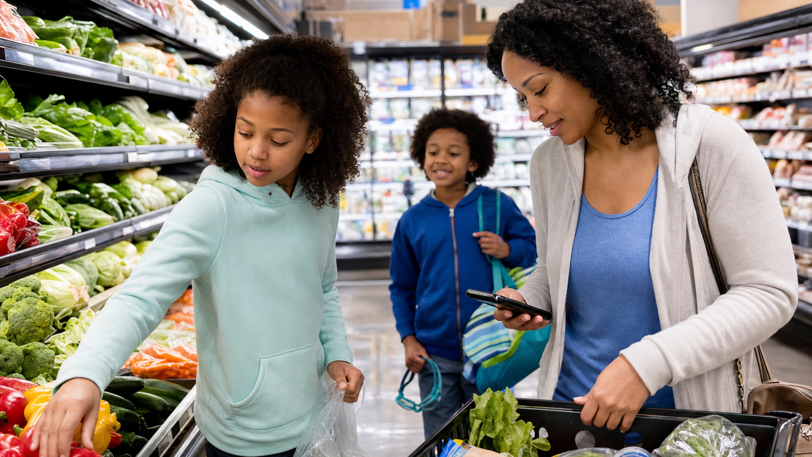 Familie plant im Supermarkt Mahlzeiten mit dem Familienplaner