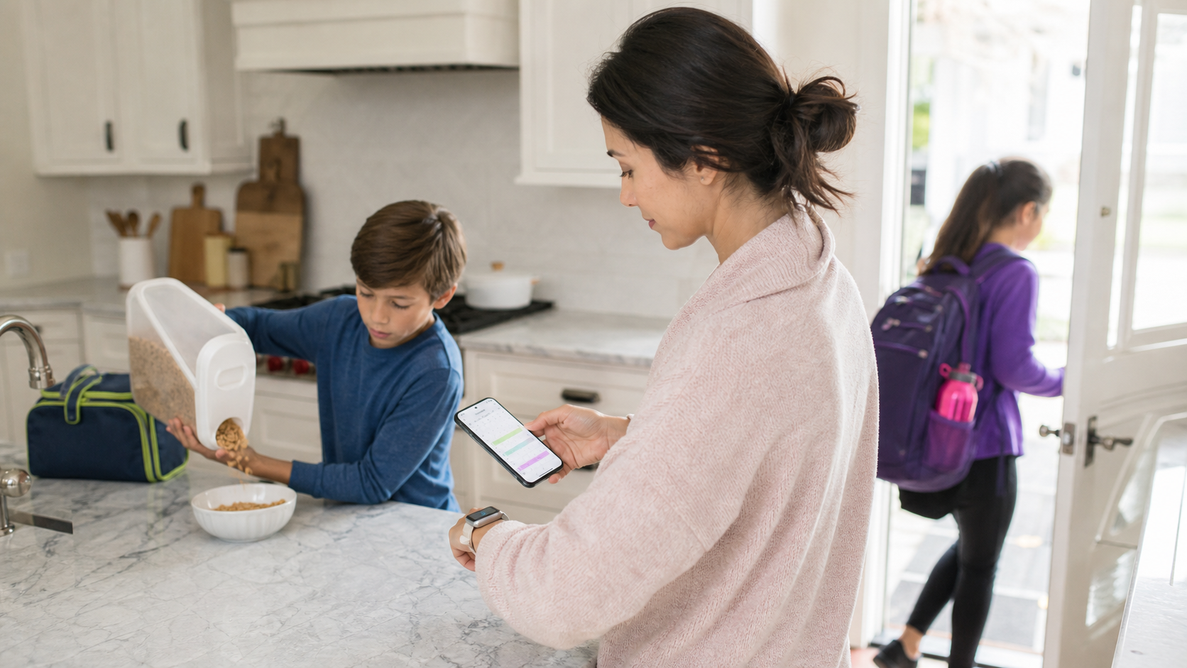 Familie nutzt morgens einen externen Kalenderfeed des Familienplaners
