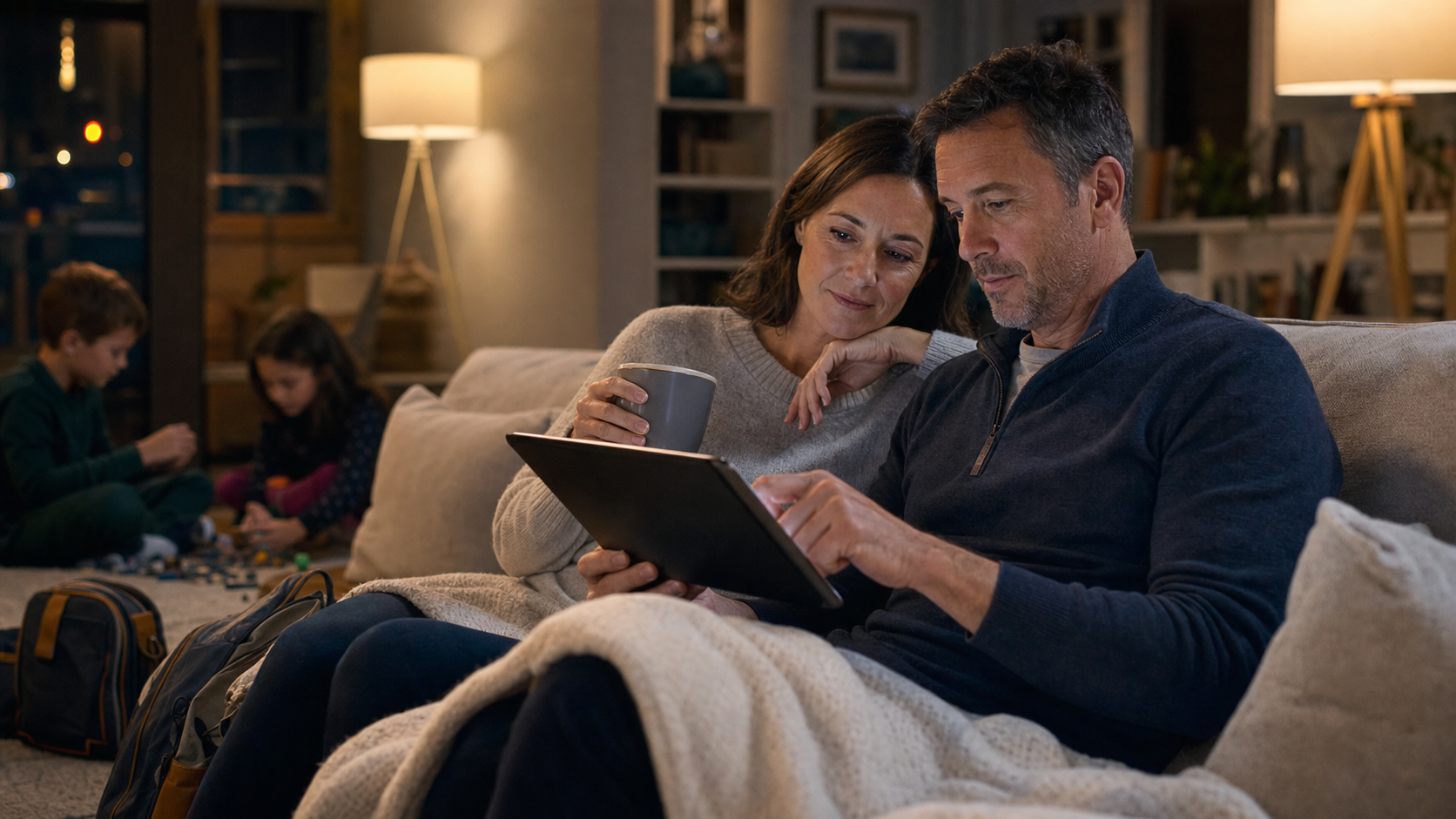 Eltern prüfen abends auf dem Sofa AI-Review-Fundstellen im Familienplaner